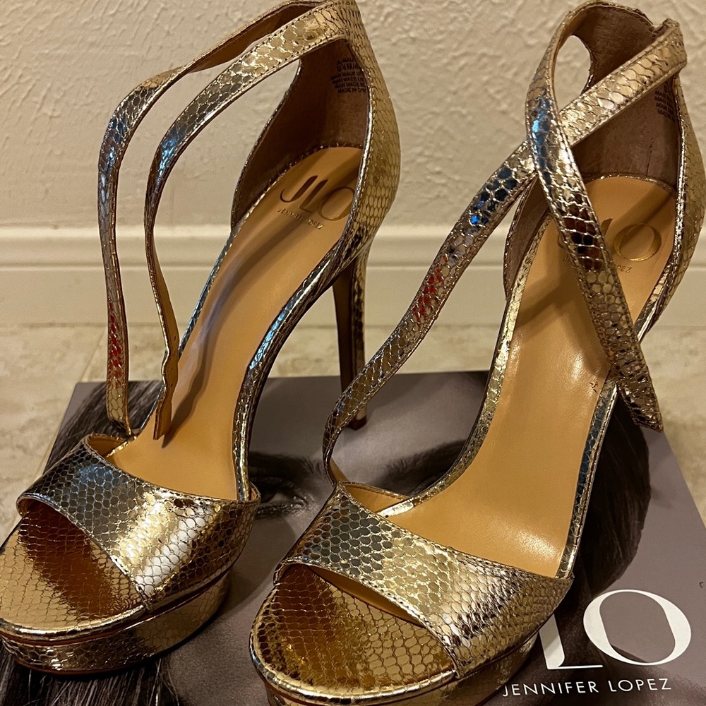 J Lo Gold Snakeskin Heels